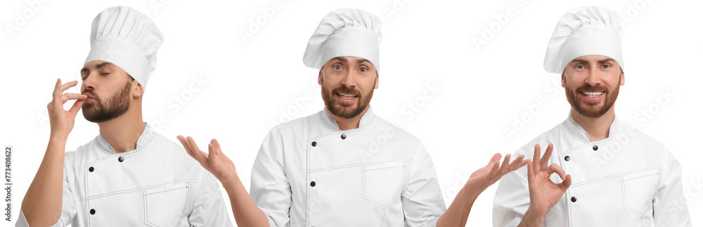 Chef in uniform on white background, set with photos Chef in uniform on white background, set with photos