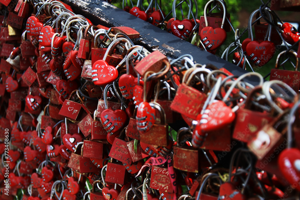padlocks that seal love between people, hanging on a fence