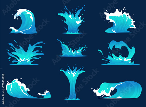 Sea waves and splashes. Cartoon blue water fountains and blowout. Aqua surges. White foam. Natural phenomenon. Ocean tsunami. Marine storm. Splashing drops. Game elements vector set