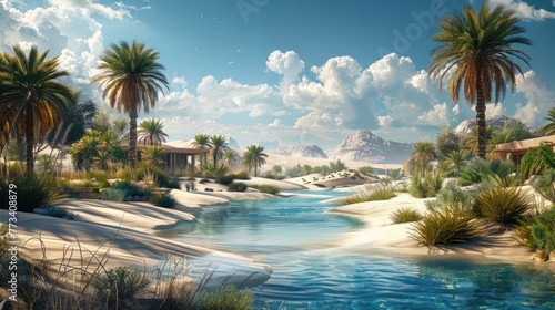 A tranquil oasis oasis nestled amidst towering sand dunes. © 2D_Jungle