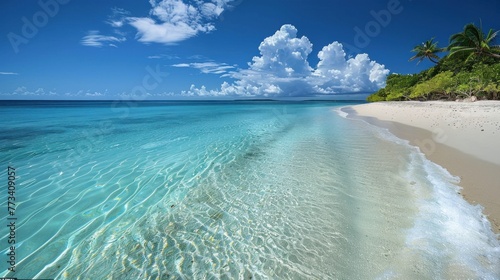Crystal-clear waters lapping gently against pristine white sand beaches.