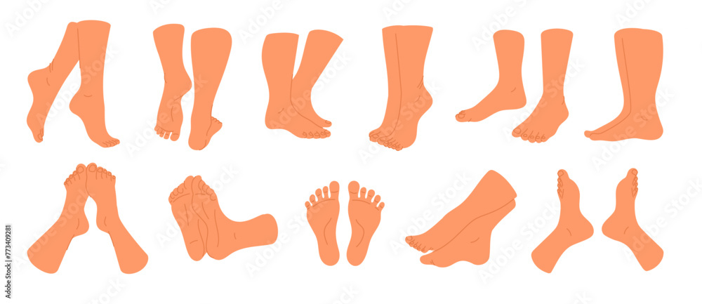 Naked feet. Different angles and positions of human legs. Male ankles. Female barefoot toes. Front, side and back view. Body parts. Tiptoe pose. Spa pedicure. Skin care. Garish vector set Naked feet. Different angles and positions of human legs. Male ankles. Female barefoot toes. Front, side and back view. Body parts. Tiptoe pose. Spa pedicure. Skin care. Garish vector set