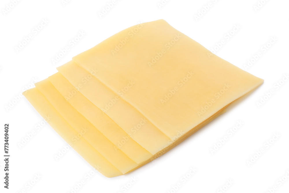 Slices of tasty fresh cheese isolated on white Slices of tasty fresh cheese isolated on white