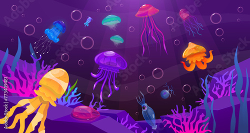Jellyfish and plankton on seabed background. Underwater transparent invertebrate inhabitants with poisonous tentacles. Glowing aquatic animals. Swimming medusa. Marine fauna. Vector concept