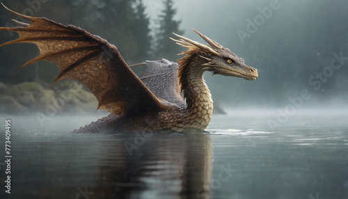 A realistic bad dark dragon in a foggy river