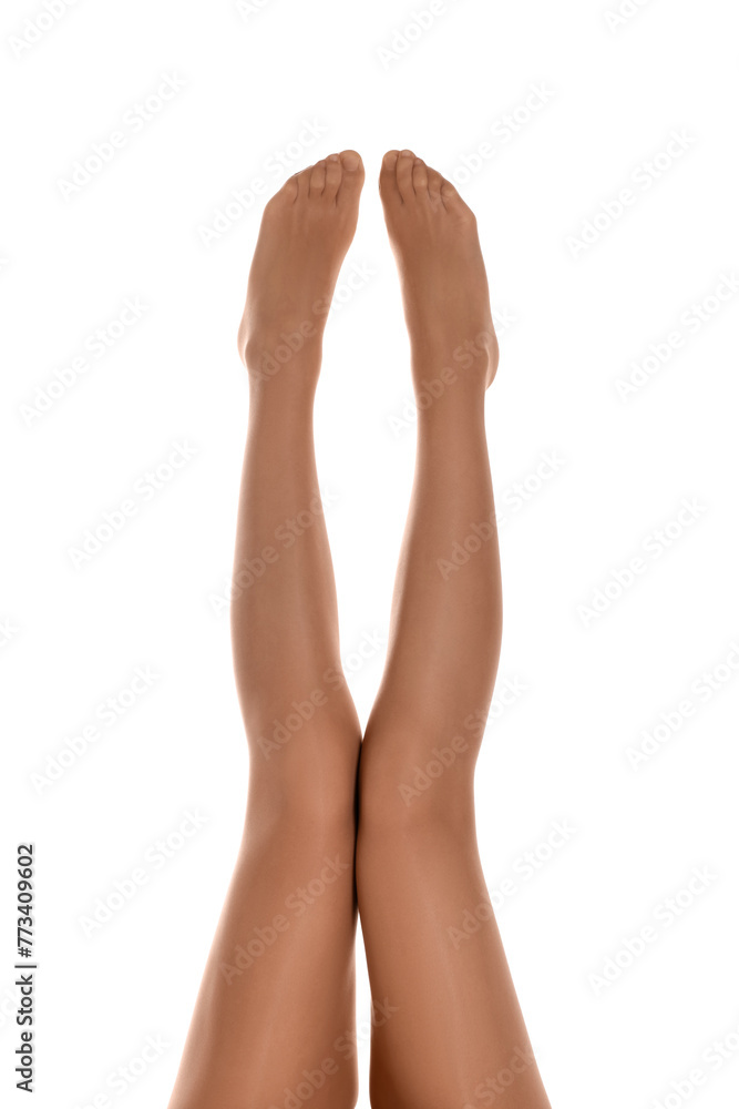 Woman with beautiful long legs wearing tights on white background, closeup Woman with beautiful long legs wearing tights on white background, closeup