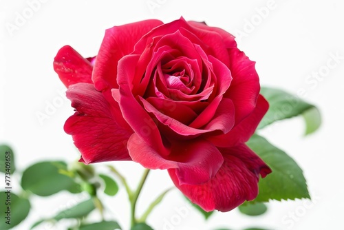 Vibrant red rose flower in full bloom, isolated on white, floral still life photography