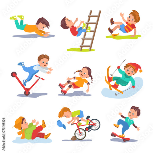 Falling children. Kids lose balance. People stumble or slip. Traumatic situation. Bruises or scratches. Boy rides bicycle. Girl tripping at skateboard. Fall accident. Splendid vector set
