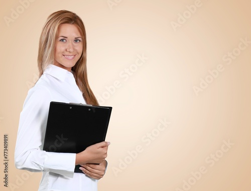 Young employee business woman hold laptop