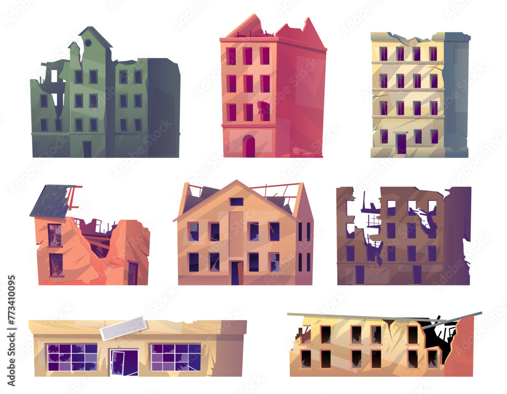 Crumbling city buildings. Damaged houses. War ruin. Earthquake destruction. Destroyed constructions. Broken homes. Dilapidated dwelling. Post apocalyptic landscape elements vector set