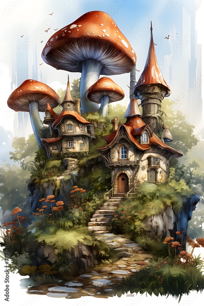 Fototapeta premium Fairy house of dwarf gnome, elf home tree, cartoon icon. Fairy tale dwarf gnome house hut with wooden door and stair.