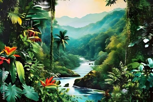 A lush tropical jungle with a meandering river surrounded by towering trees and vibrant foliage. 
