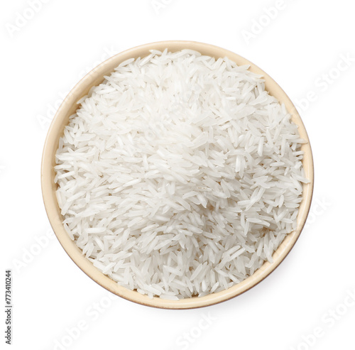 Raw basmati rice in bowl isolated on white, top view