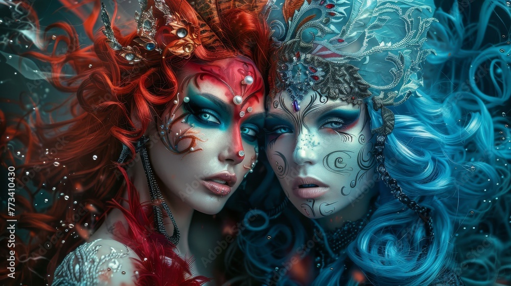 two women colorful face painted
