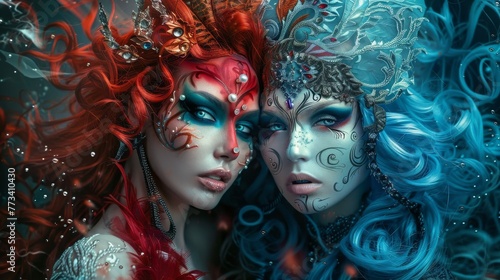 two women colorful face painted
