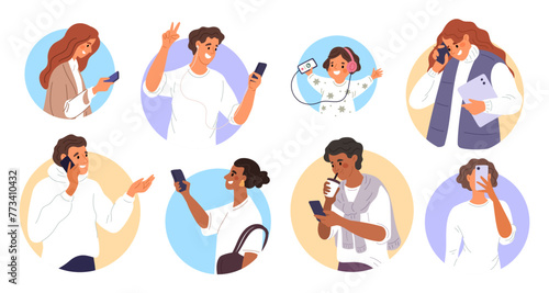 Characters talking phone. Happy people use gadgets. Woman listening to music. Man reading E-books. Persons communicate on social media networks. Circle portraits. Garish vector set © VectorBum