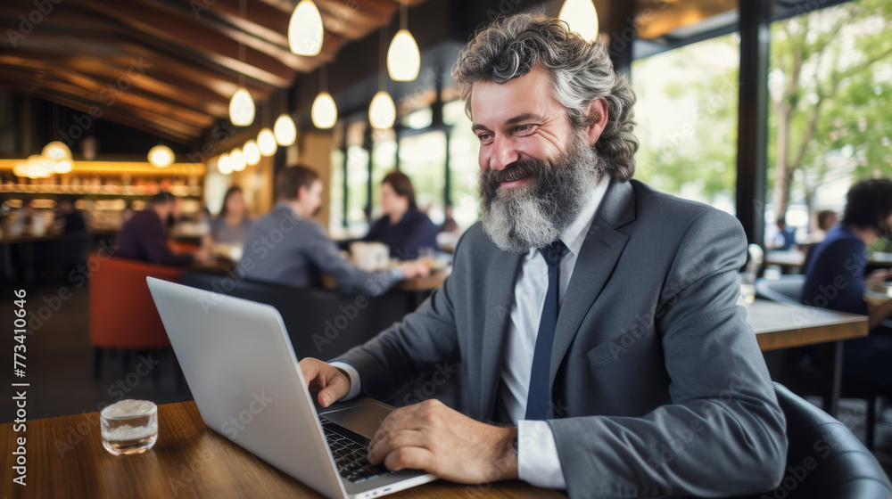 Happy smiling businessman working on laptop in the bar, remote work concept, banner Happy smiling businessman working on laptop in the bar, remote work concept, banner