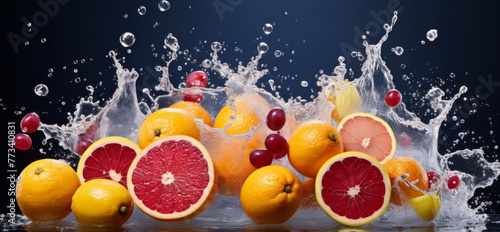 Colorful fruits orange splashing in water, vibrant pop art abstract, food concept, wide banner