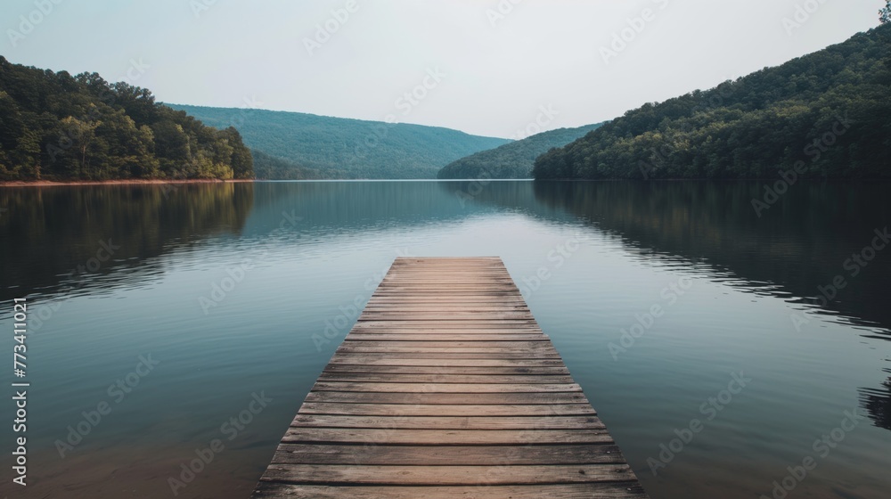 Wood dock on Ozarks Lake created with Generative AI Technology, ai, generative Wood dock on Ozarks Lake created with Generative AI Technology, ai, generative