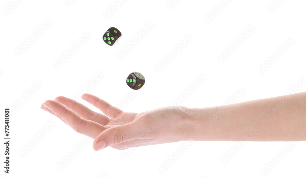 Woman throwing game dices on white background, closeup Woman throwing game dices on white background, closeup
