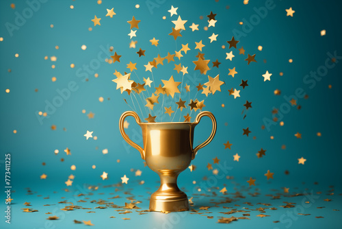 Golden trophy and streamers, business and competition concept, gold trophy cup with abstract blue stary background 