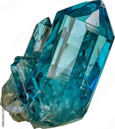 Striking teal Aquamarine crystal cluster isolated cut out on transparent background