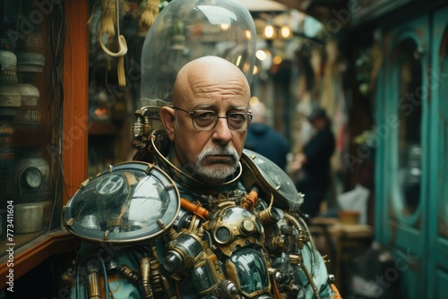 Senior man wearing unique steampunk accessories while walking on a city street on a sunny day photo