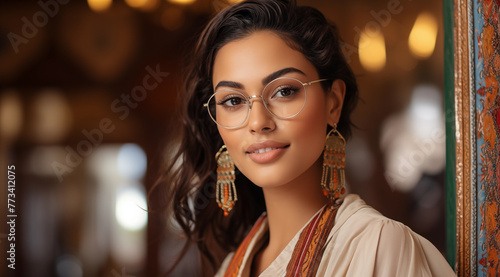 Portrait d'une belle femme aux cheveux bruns portant des lunettes, heureuse et souriante, modèle de beauté.