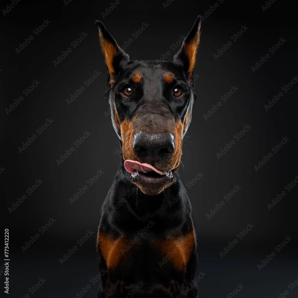 Beautiful doberman dog isolated on black background. looking at camera .front view.dog studio portrait.happy dog .dog isolated .puppy isolated .puppy closeup face,indoors.cute puppy isolated . Beautiful doberman dog isolated on black background. looking at camera .front view.dog studio portrait.happy dog .dog isolated .puppy isolated .puppy closeup face,indoors.cute puppy isolated .