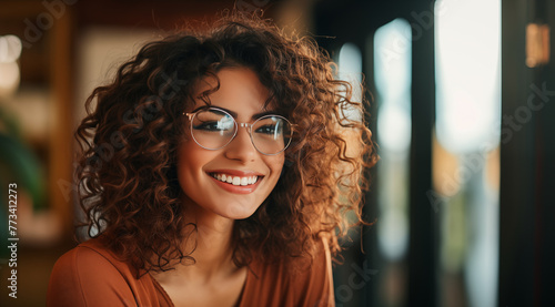 Portrait d'une belle femme aux cheveux bruns bouclés, portant des lunettes, modèle de beauté.