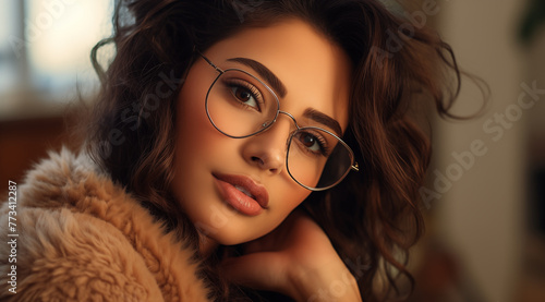 Portrait d'une belle femme aux cheveux bruns portant des lunettes, modèle de beauté.