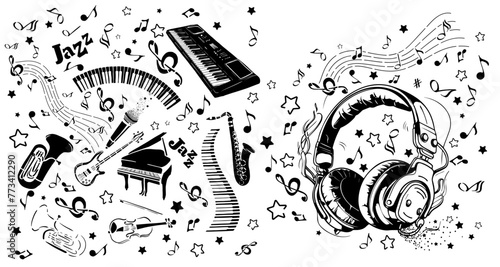 Music design. Abstraction music. Headphones and notes. Musical instruments. hand drawing. Not AI. Vector illustration