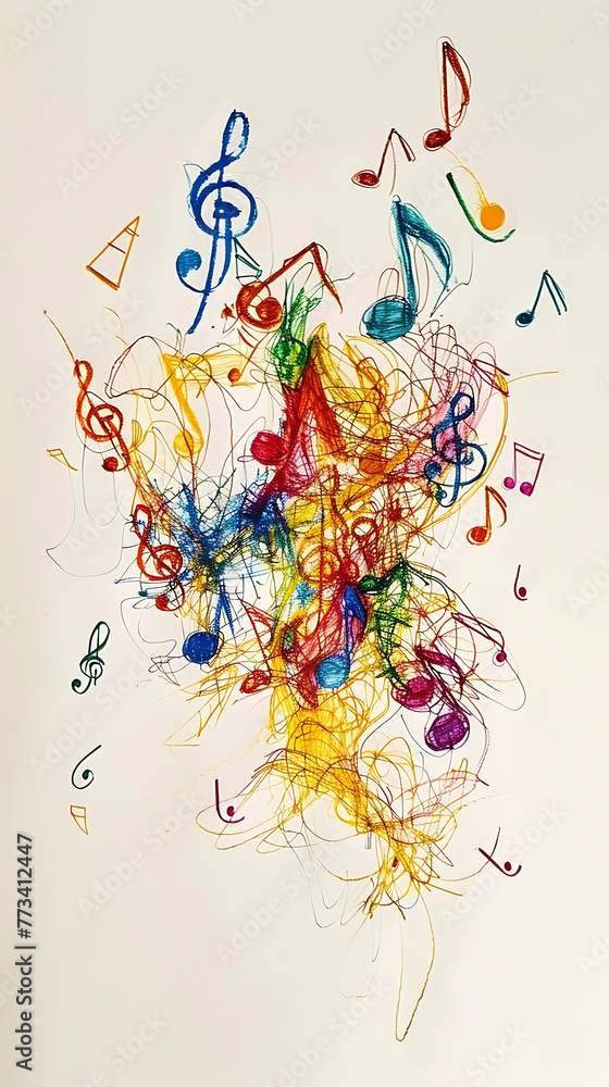 Fototapeta premium Colorful scribble lines, music notes, notepad.