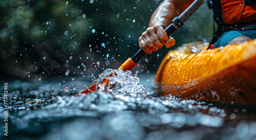 Close-up of a man in a kayak holding a paddle. © lutsenko_k_