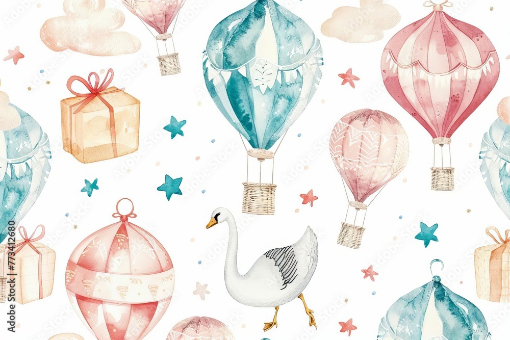 Watercolor seamless pattern with air balloons, goose, and gifts for kids, hand-drawn illustration