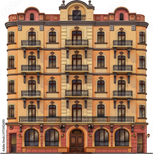 Classic European style building facade with balconies cut out on transparent background
