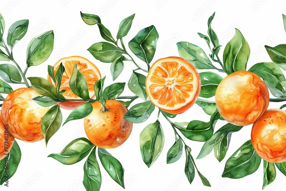 Watercolor Seamless Border with Orange Tangerines and Green Leaves, Hand Painted Citrus Fruits, Floral Design Element, Isolated on White