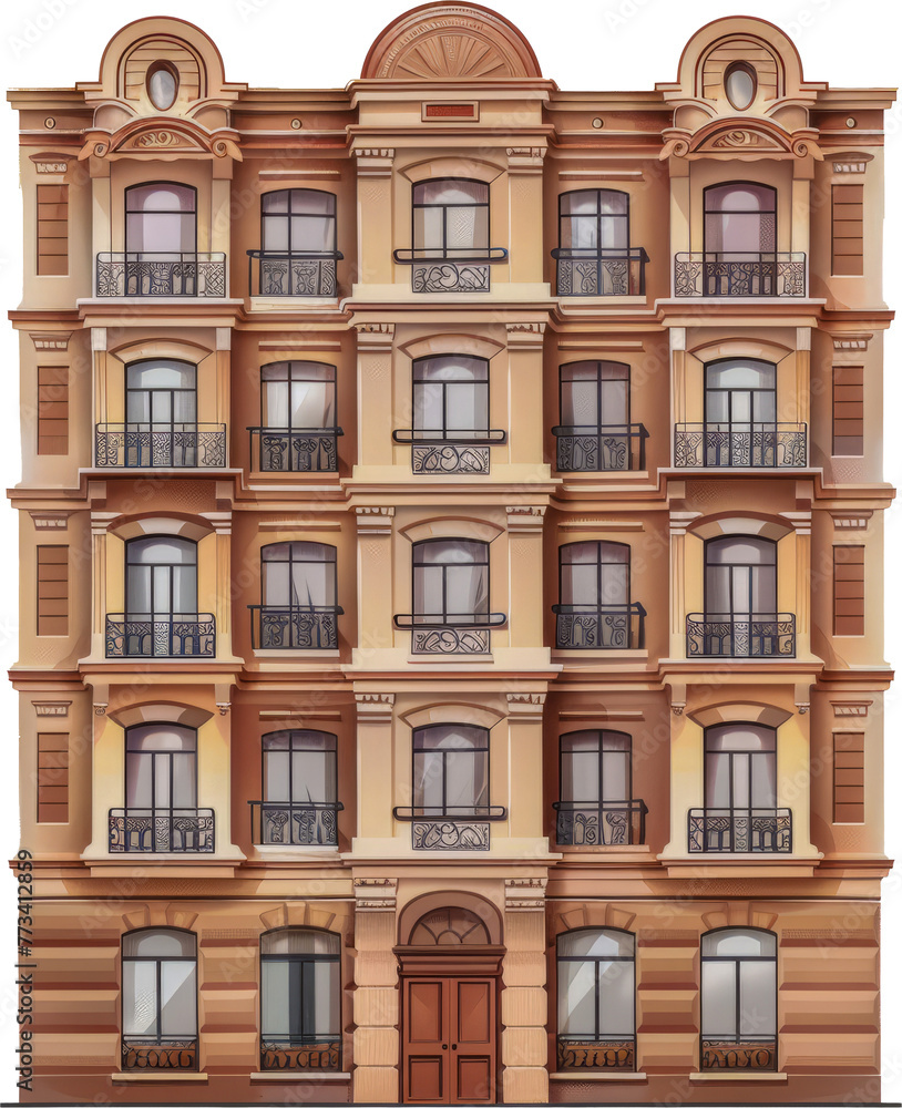 Classic European style building facade with balconies cut out on transparent background