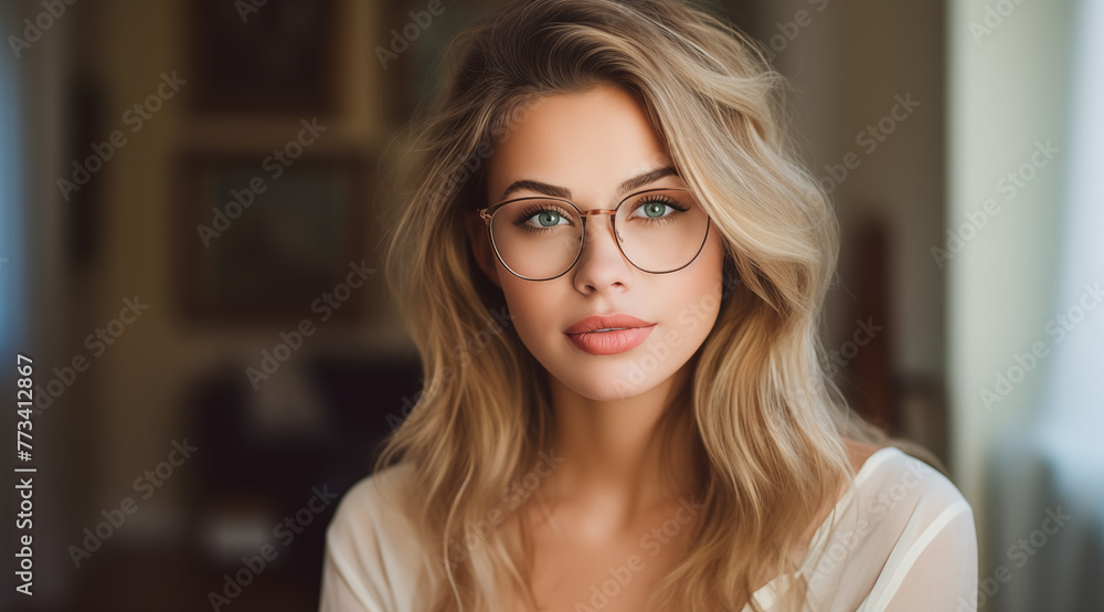 Portrait d'une belle femme aux cheveux blonds portant des lunettes, modèle de beauté. Portrait d'une belle femme aux cheveux blonds portant des lunettes, modèle de beauté.