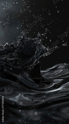 Splash of black liquid with droplets in motion against a dark background