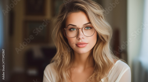 Portrait d'une belle femme aux cheveux blonds portant des lunettes, modèle de beauté.