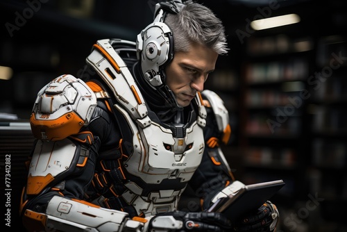 Futuristic soldier immersed in a book, surrounded by knowledge in a dimly lit room