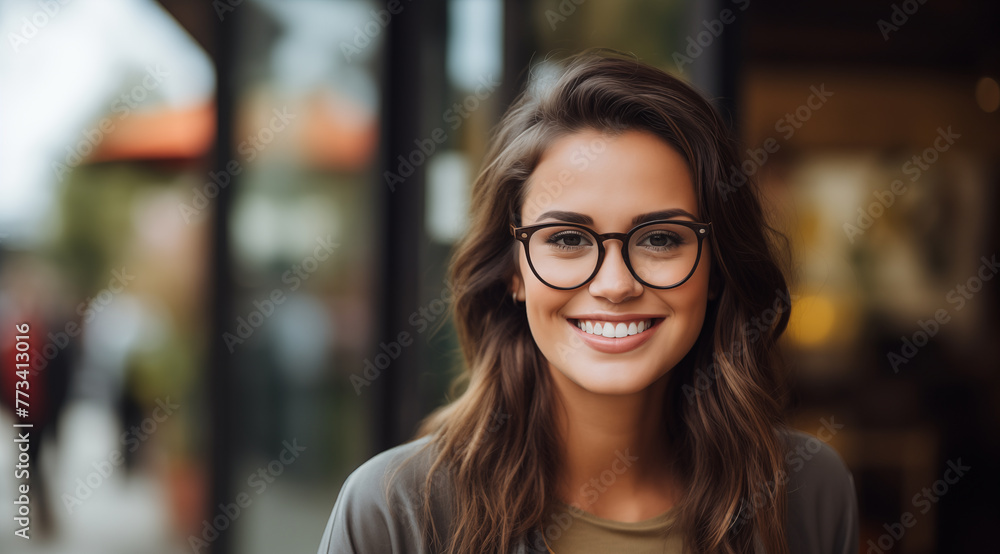 Portrait d'une belle femme aux cheveux bruns portant des lunettes, heureuse et souriante, modèle de beauté, image avec espace pour texte. - obrazy, fototapety, plakaty 