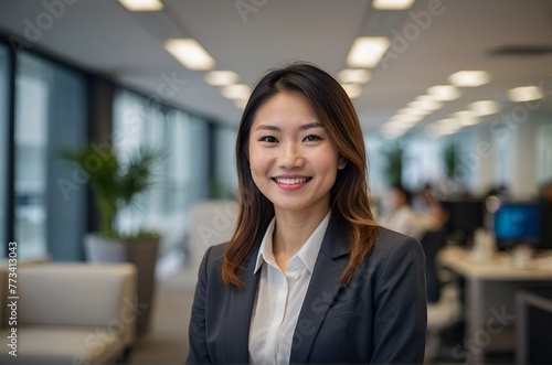 Pretty Asian Businesswoman smiling in an office environment. Portrait of Confident Business professional smiling with happiness while looking at camera.