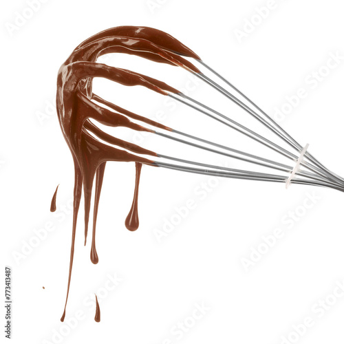 Whisk with chocolate cream on white background