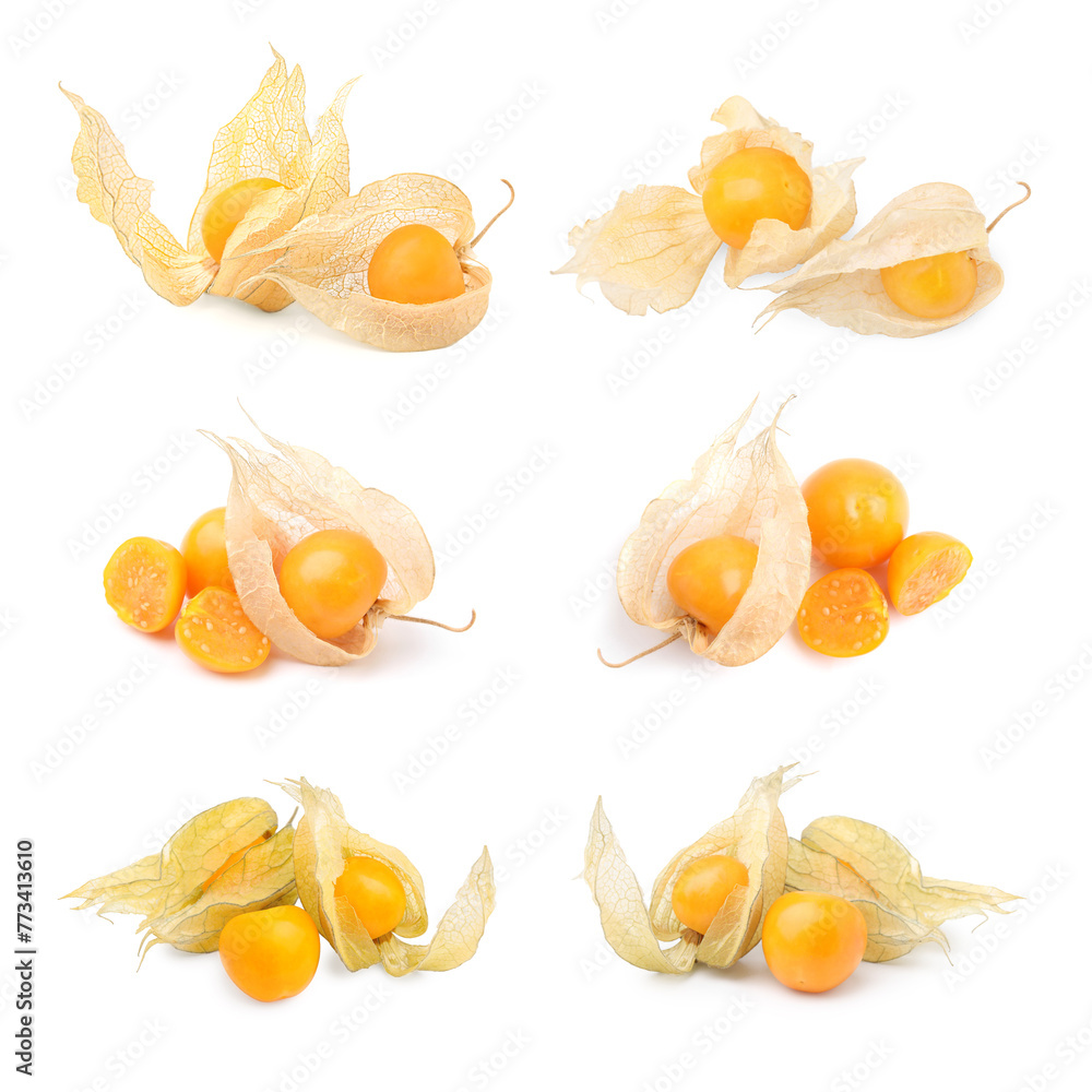 Ripe orange physalis fruits with calyx isolated on white, set Ripe orange physalis fruits with calyx isolated on white, set