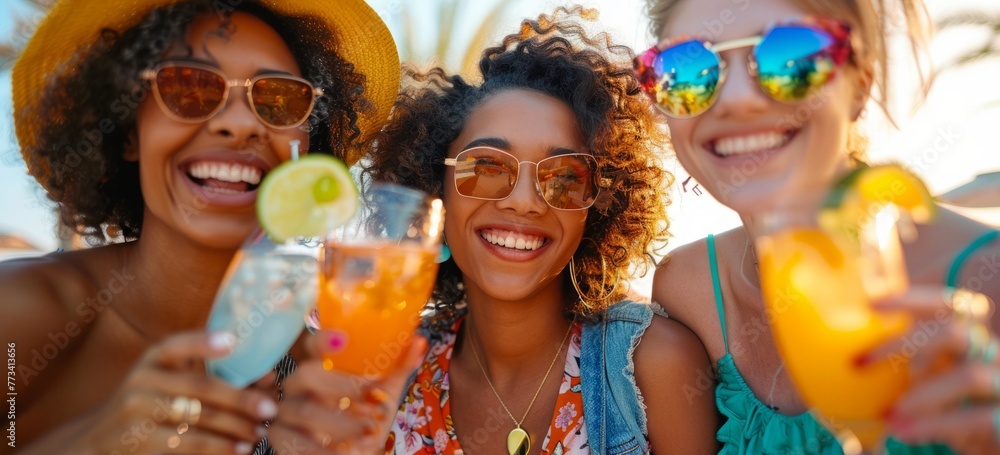 A group of happy young people get together to celebrate the idea of summer parties, lifestyles, summer drinks, cocktails, lemonade, travel concepts