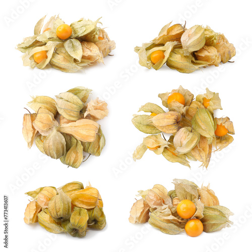 Set of ripe orange physalis fruits with calyx isolated on white, side and top views