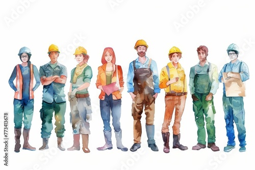 Watercolor illustration of group of workers, people, professions, occupations, jobs concept photo