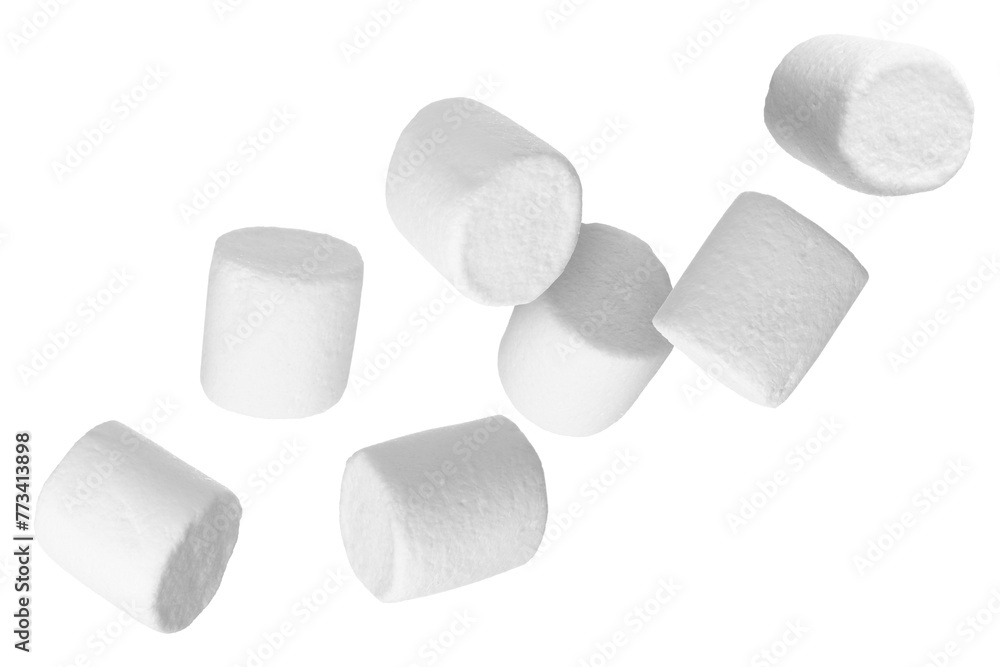 Many yummy marshmallows flying on white background Many yummy marshmallows flying on white background